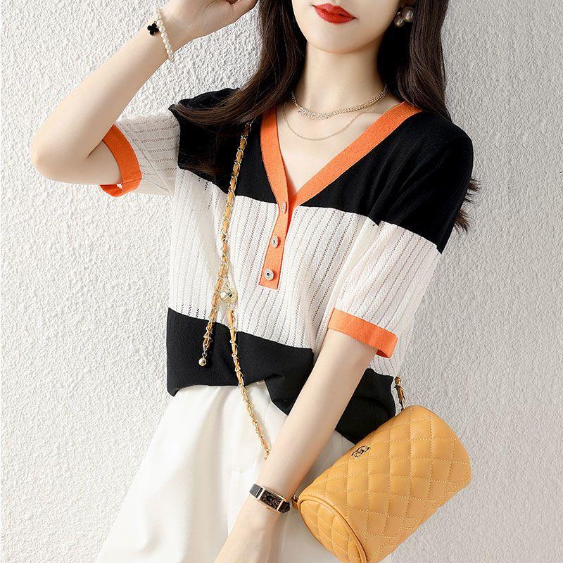 Summer V-neck Striped Patchwork Knitted Top Women Short Sleeve Loose Casual All-match Tee Ladies Buttons Pullovers T-shirt Femme