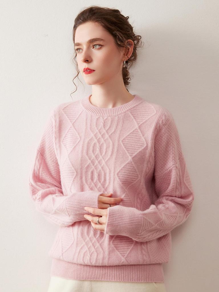 Efterår/Vinter 3D Diamant Flettet Cashmere Sweater - Dame Rund Hals, Langærmet, Ensfarvet, Varm & Komfortabel