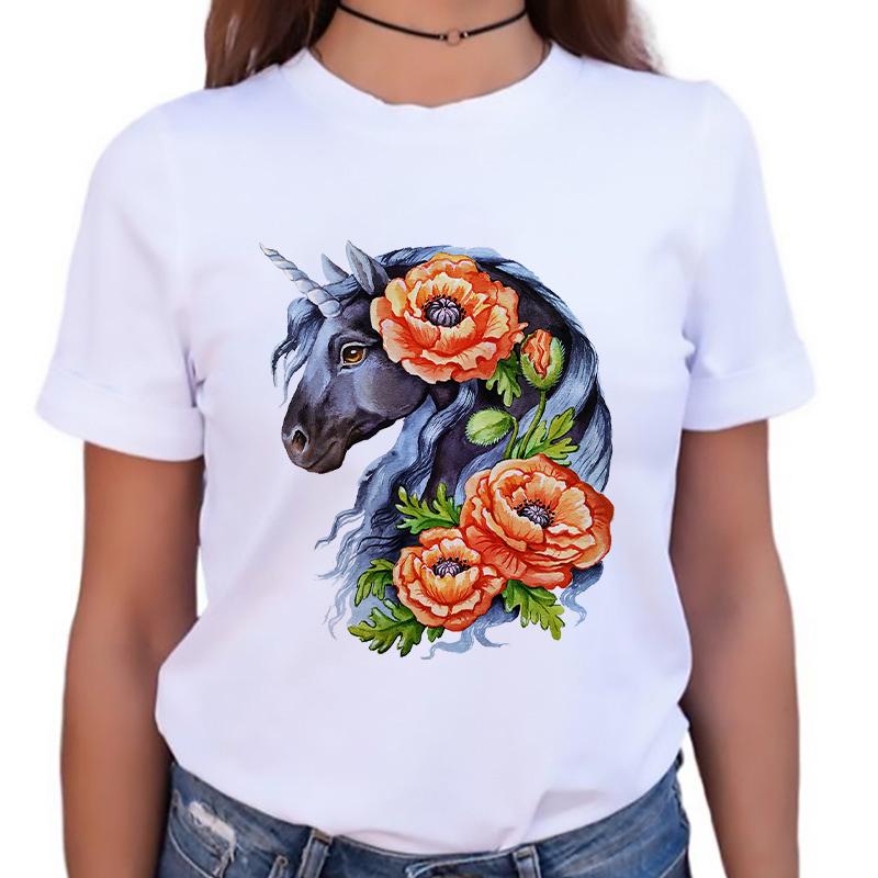 Womens Tshirt Stylish O-Neck Short Sleeve Cartoon Horse Simple Female Tee Tshirts Summer Clothes White Tops 90S Female T Shirt