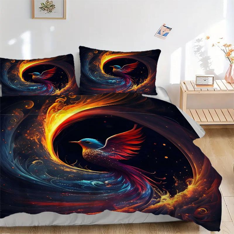 3pcs Phoenix Rising Pattern Bedding Three-Piece Set (1 Cover + 2 Pillowcases, No Fillings), This Printed Bedding Set Is