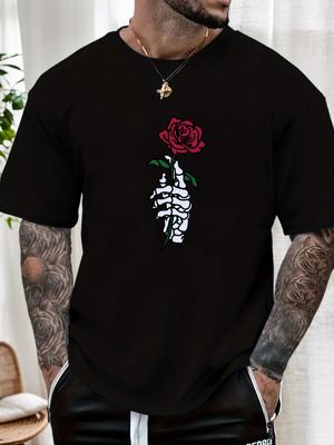 2025 Summer Essential Mens Tee Edgy Artistic Vintage Inspired Goth Skeleton Hand Rose Print 100 Cotton Short Sleeve Casual Top