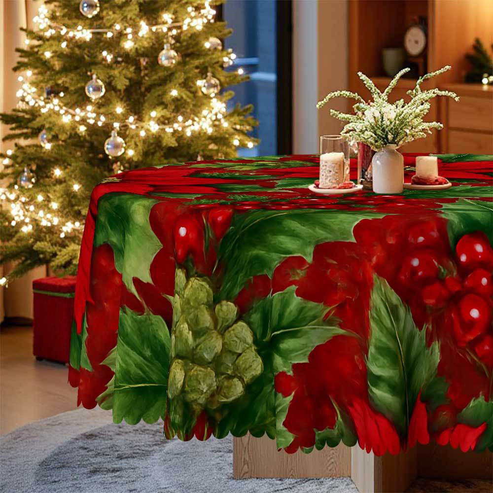 Christmas Theme Round Table Cloth, Red Flower Green Leaf Berry Pattern, Table Decoration Cloth, Festive Atmosphere