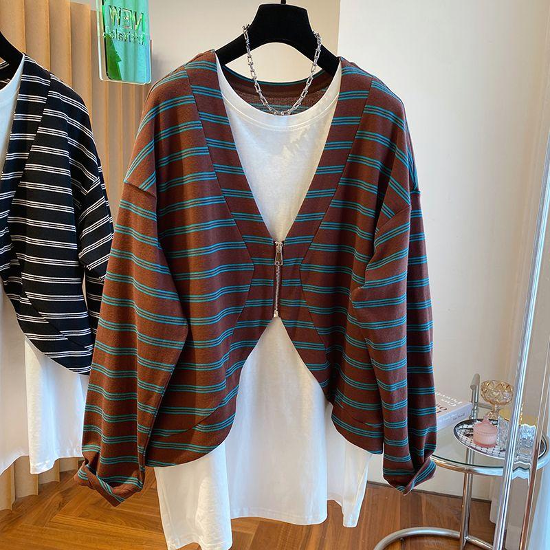 

Женские большие размеры Пэчворк Оверсайз Уличная одежда Полосатая толстовка Топы из двух частей с имитацией Толстовка на молнии Харадзюку Свободные футболки XXXXL коричневый