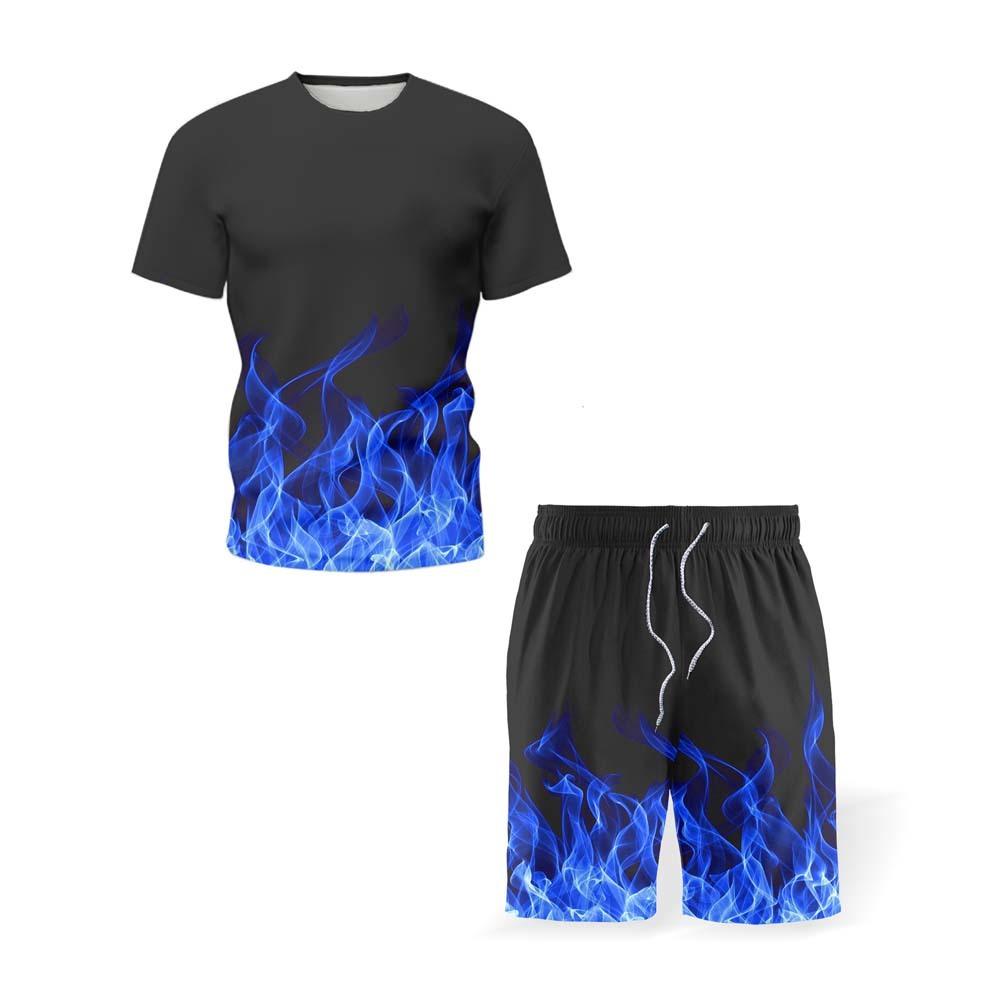 Trainingsanzug-Sets für Männer, bunte Flammen, Feuer, T-Shirt und Shorts, zweiteiliger Anzug, Übergröße 6XL, lässige Streetwear, männlich, 2021 Sommermode