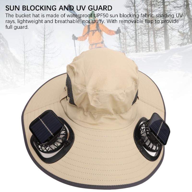 Detachable Sun Fan Hat 3 Speeds Adjustable UPF50 Breathable Wide Brim Sun Bucket Hat With 2 Solar Fan For Men