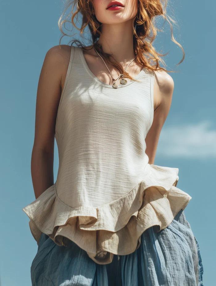 2026 Amazon popular cotton and linen vest European and American style summer casual ruffle edge sleeveless cross-border women s top S