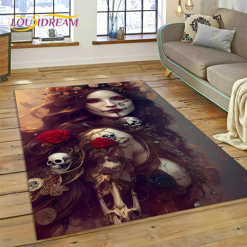 Skull Dead Girl 3D Gothic Horror Female Rose Rug Carpet for Living Room Bedroom Decor,Non-slip Decoration for Sofa Doormat Gift
