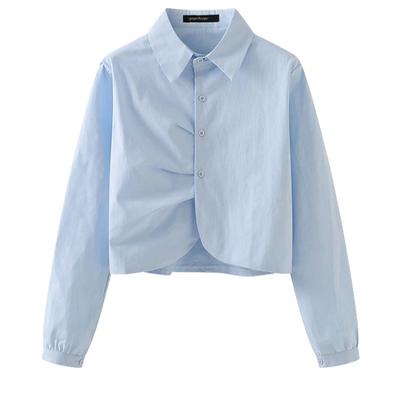 Spring Summer Women Cropped Shirt Side Twist Detail Button Down Long Sleeve Casual Chic Blouse Tops