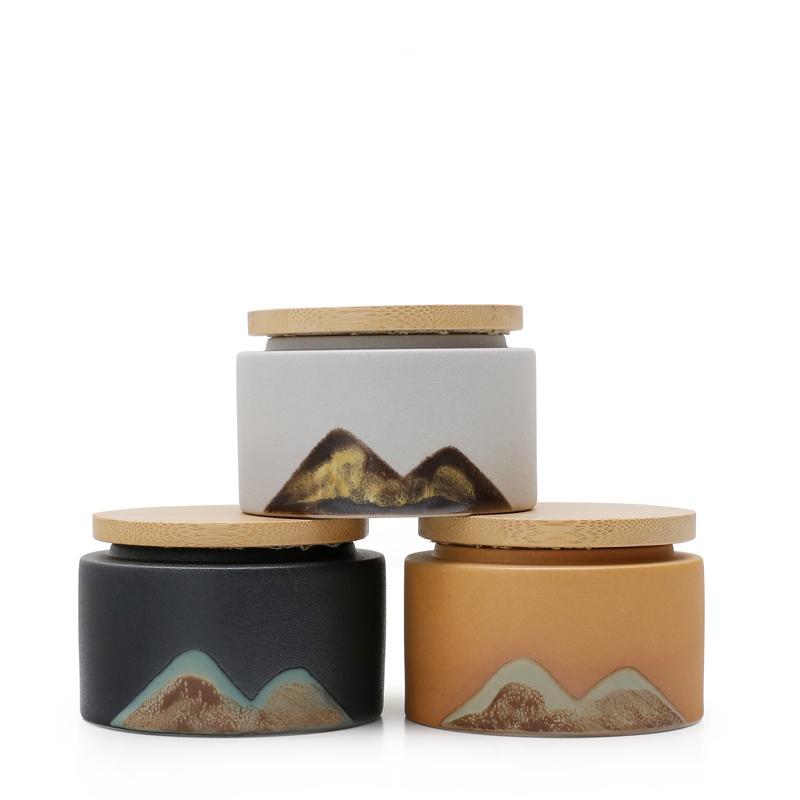 Cylindrical Mini Ceramic Tea Caddy with Wooden Lid Retro Household Sealed Bottle Box Candy Jar Jewelry Box Gift Jar Home Decor