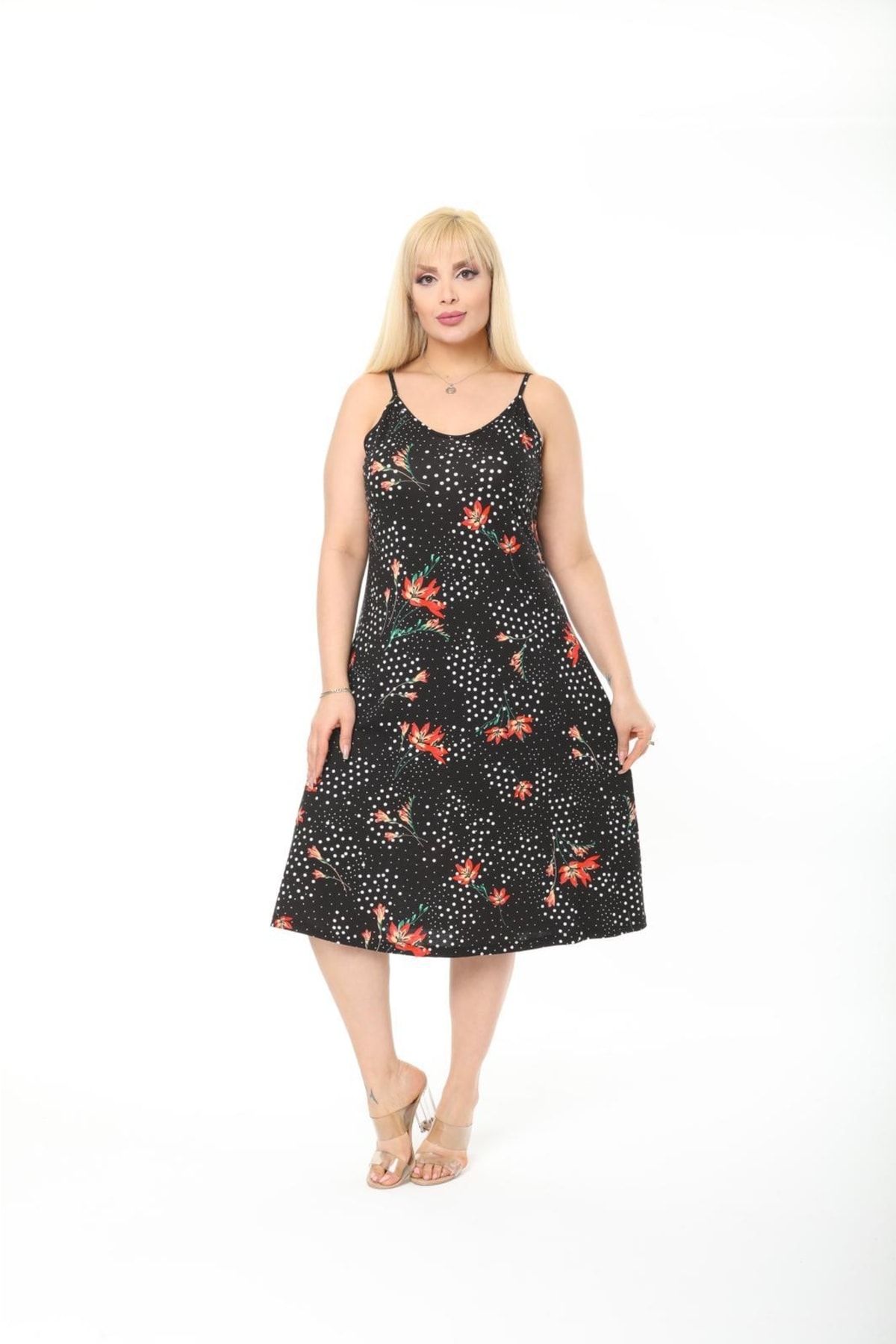 

Women s Big Size Dress Black Floral Patterned Strap Plus Size Dress