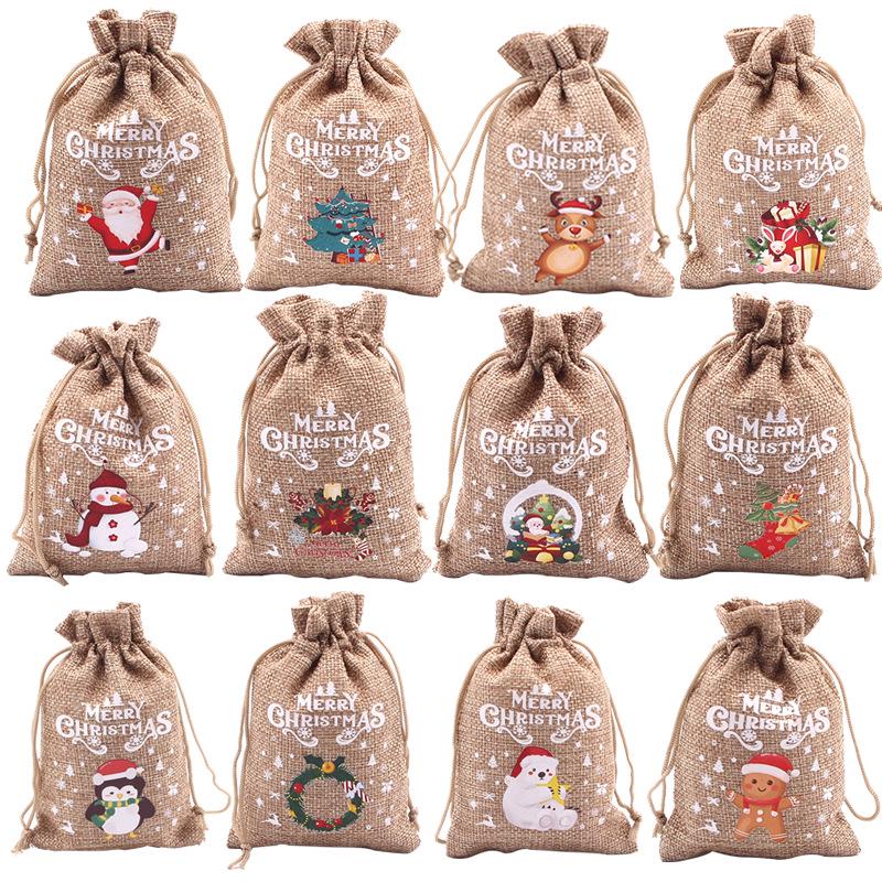 Jute-Style Christmas Gift Bag with Drawstring Closure - Small Candy & Apple Storage