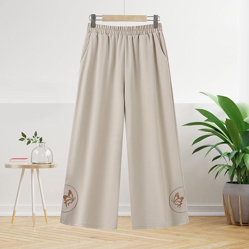 

Women s Wide-Leg Embroidered Pants: Summer Casual, Loose, Thin, Straight-Leg, Plus-Size for Middle-Aged and Elderly Moms XL (80-105 kg) бежевый