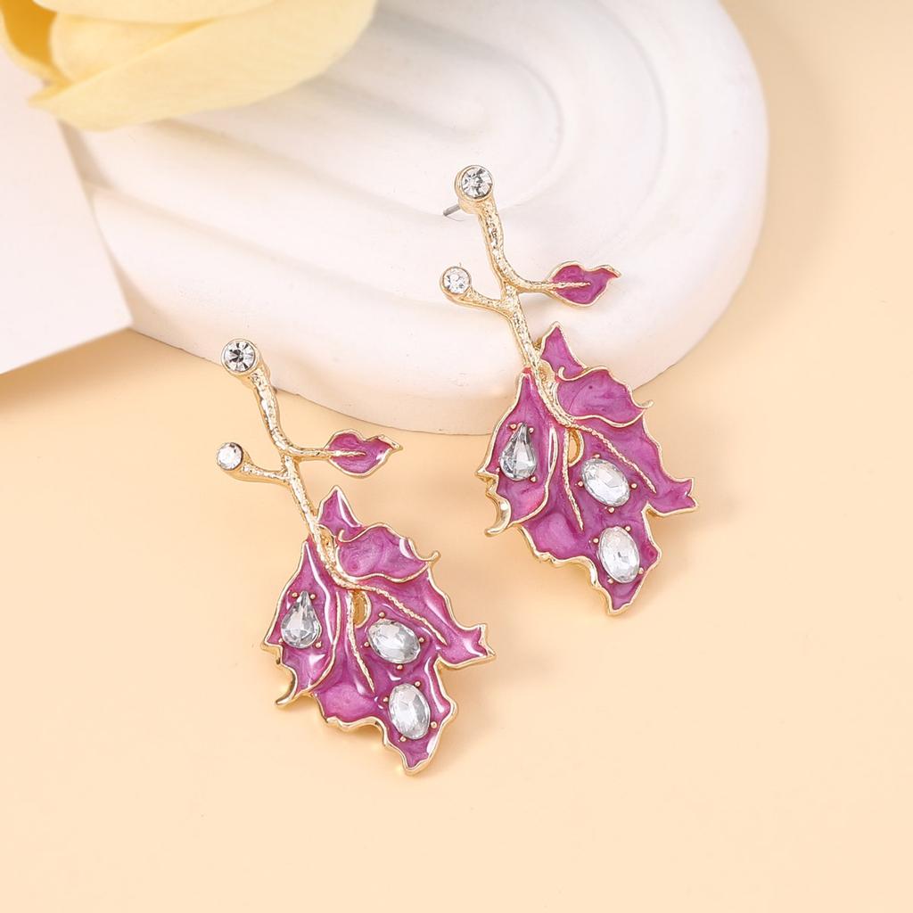 Retro Niche Design Drip Oil Inlaid Zircon Unique Leaf Stud Earrings, Exquisite Trend Temperament Women's Earrings