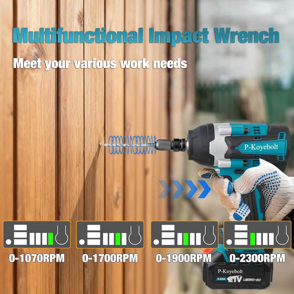 Cordless Impact Wrench, 740Ft-lbs, 4-Mode Electric Driver, 2 Batteries, Charger, 5 Sockets, for Car, Home, Truck, RV, Mower