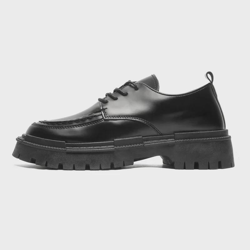 Men's Casual Black Leather Shoes - Autumn British Style, Thick Sole, Heightening Design, Fashionable College Footwear