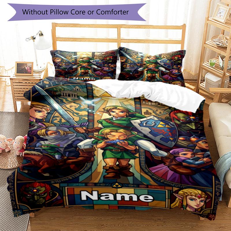 Set cuvertură de pilota 3 buc (1 * Husă de pilota + 2 * Față de pernă, Fără Miez), Set de așternut personalizat cu nume și model The Legend of Zelda, Cadou pentru Decorarea Dormitorului de Acasă