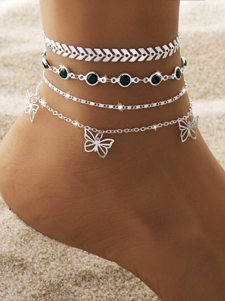 European & American Multi-Layer Crystal Chain Butterfly Anklet - Beach Style Foot Jewelry