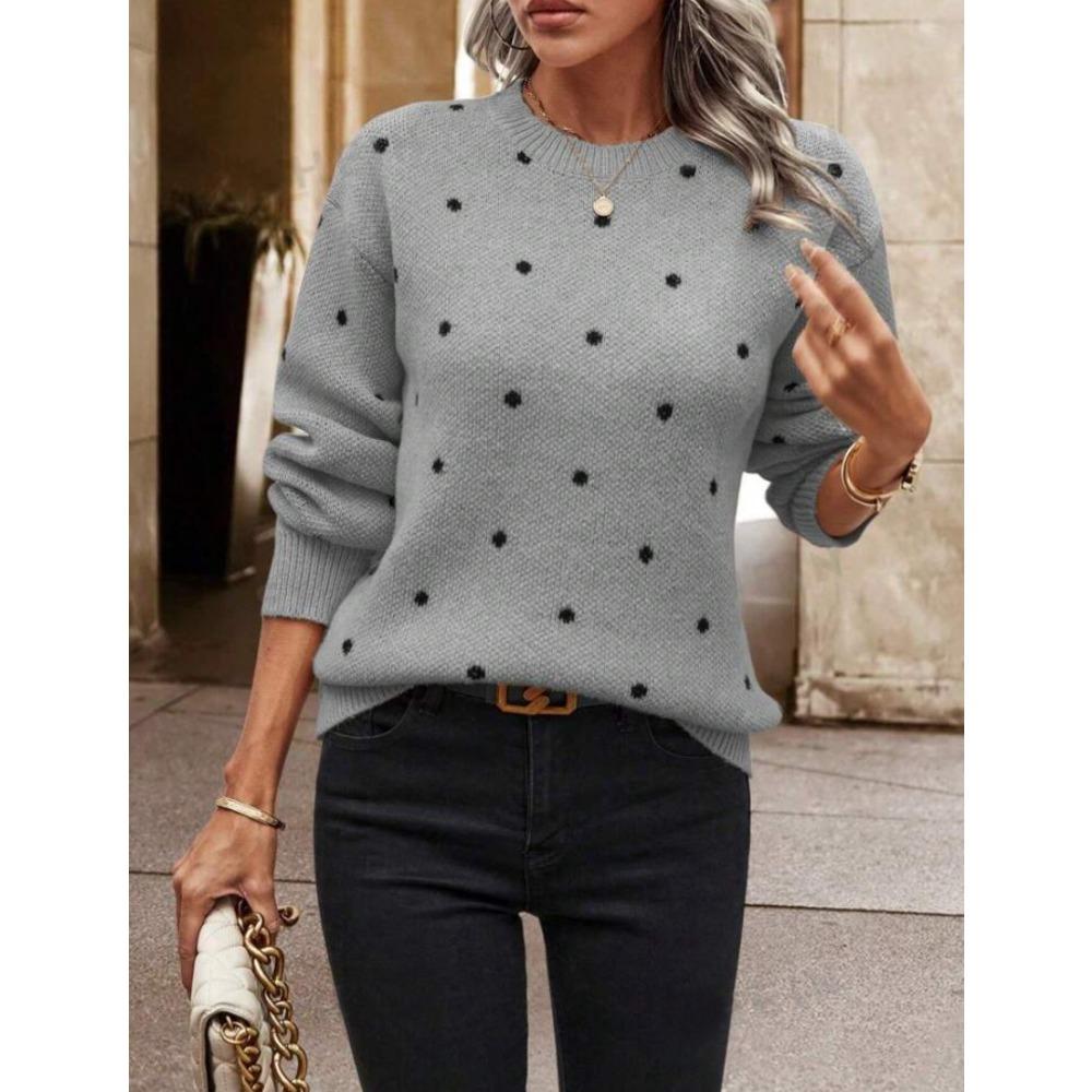 Women's Crew Neck Long Sleeve Polka Dot Jacquard Knit Pullover Sweater Casual Autumn Top