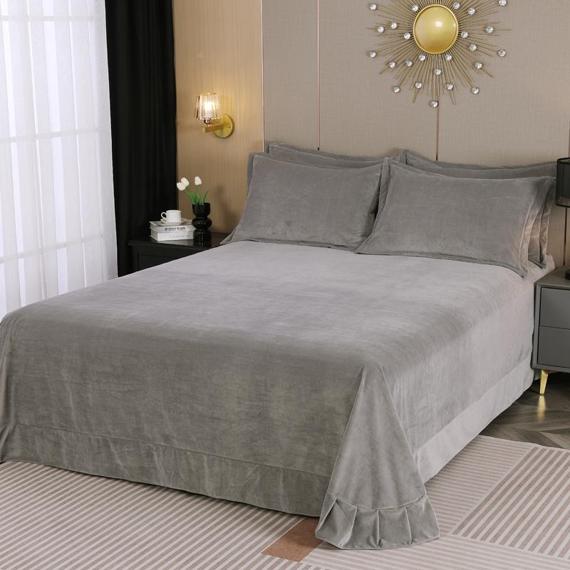 Solid Color Milk Velvet Bed Sheet Winter Warm Thick Flannel Flat Bedsheet Sets Double Size Soft Plush Bedspread No Pillowcases
