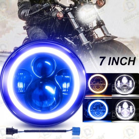 7  inch LED Motorcycle Headlight Projector Blue Halo DRL Angel Eyes For Harley