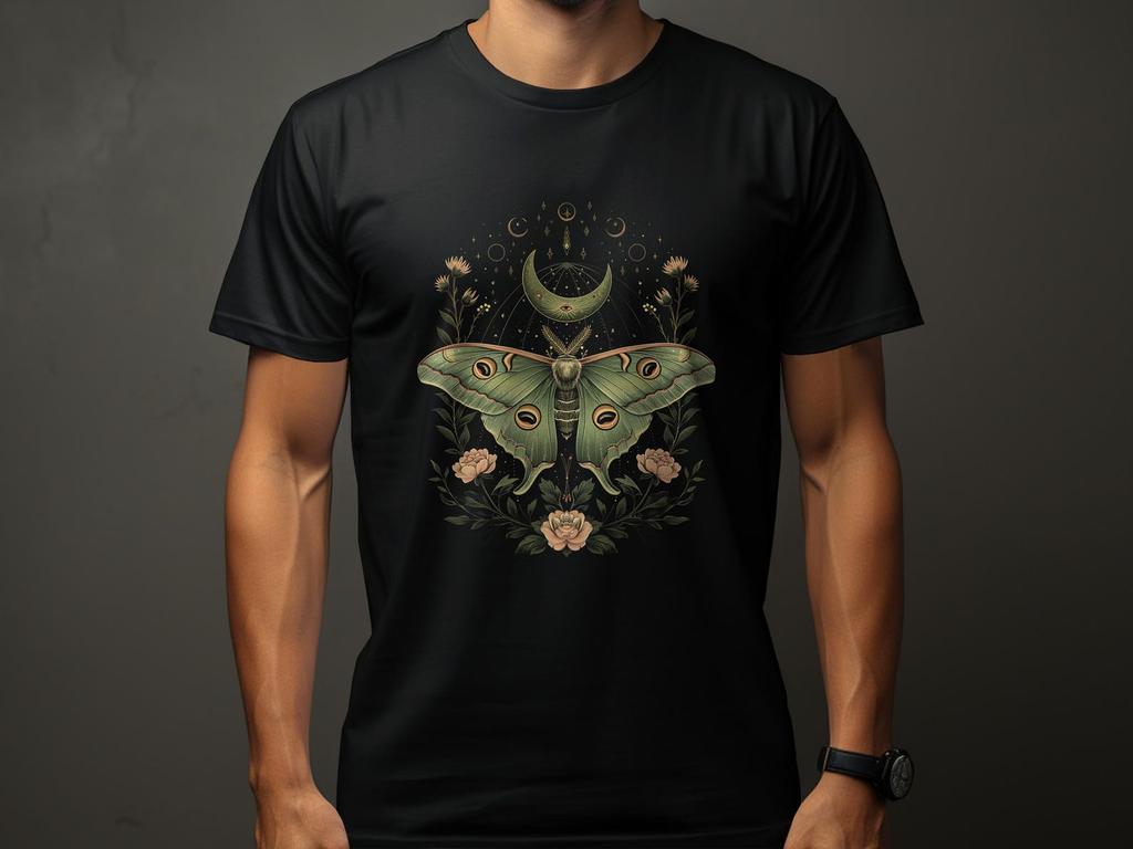 Moth and Moon Graphic Tee, Fairycore Cottagecore T-Shirt, Celestial Nature Shirt, Boho Aesthetic Top, Mystical Garden Tee
