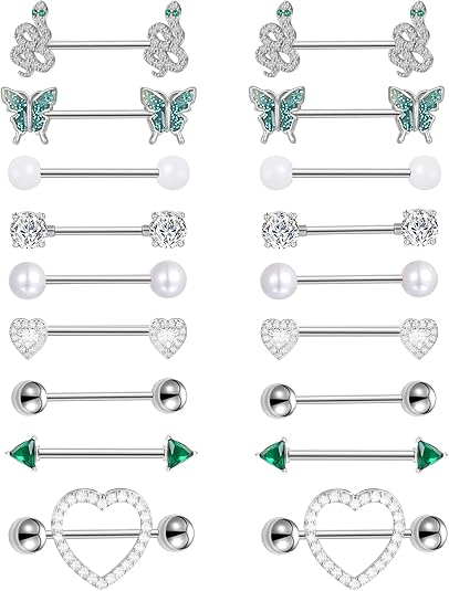 9Pairs Nipple Rings 14G Stainless Steel Heart Butterfly Snake Ball Emerald Triangle CZ Barbell Tongue Rings Set 16mm Silver Tone