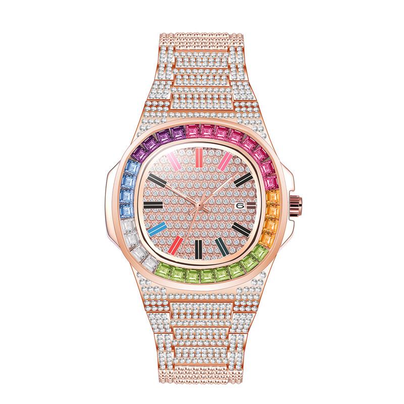 

Huaqiangbei Men s Hip Hop Gold Diamond-Studded Fashion Calendar Quartz Watch розового золота