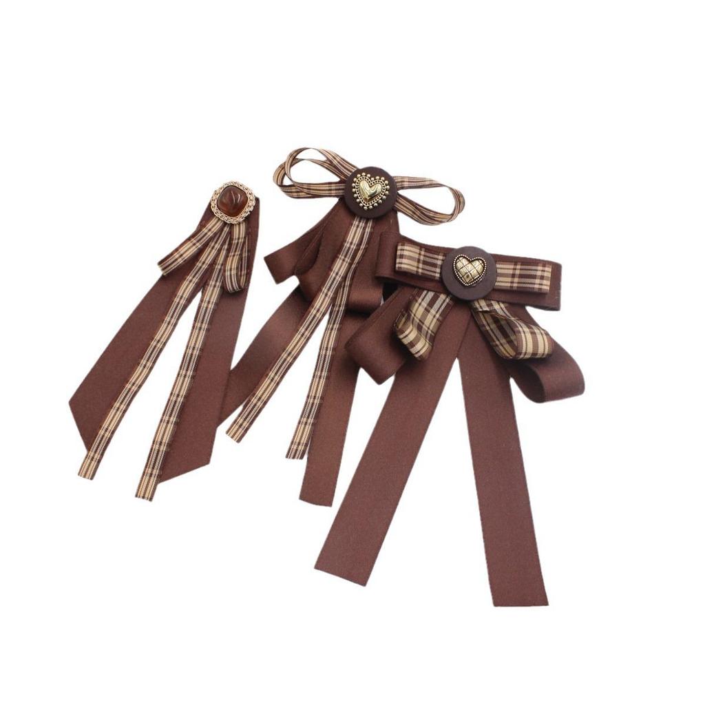 Women's Coffee Brown Plaid Bow Tie Brooch Collar Accessory S320