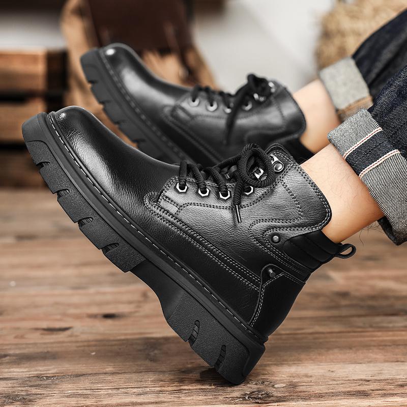 Fashion 2024 New Mens Sneakers Leather High Top Shoes Men Thick Bottom Male Motorcycle Boots All-match Male Comfortable Outdoor Boots
