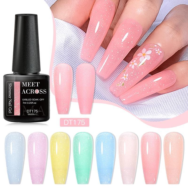 MEET ACROSS 8ml Shimmer Nail Gel Nude Pink Blue Glitter Sequins Rainbow Shimmer Glitter Gel Nail Polish Soak Off UV Gel Varnish