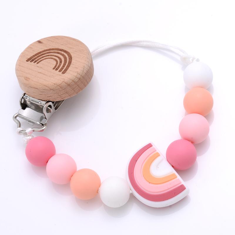 New Baby Pacifier Clips Round Beech Clips Silicone Rainbow Beads for Dummy Nipple Holder Soother Chain Teether Toy
