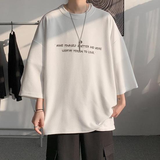 O-Neck 3/4 Sleeve Men T-shirt Ice Silk Thin Moisture Wicking Oversized Letter Print Tee Shirt Daily Clothing