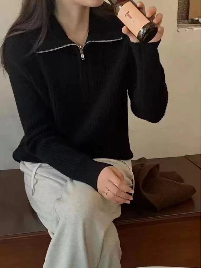 Women's High-End French Cashmere Sweater - Solid Color, Long-Sleeved, Lapel Knit Top