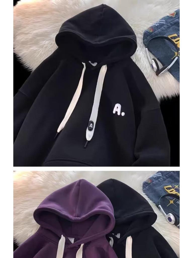 American Trendy Streetwear: Men's Hipster Hooded Sweatshirt, 2025 Autumn/Winter, Loose Couple Style, Plus Velvet