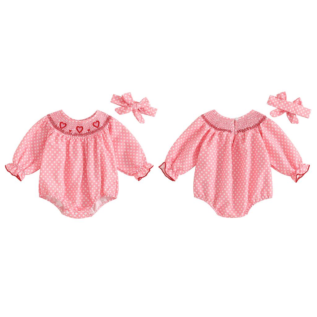 Toddler Girl Valentine's Day Romper Heart Embroidered Dot Long Sleeve Smocked Round Neck Ruffled Fall Jumpsuits Headband 