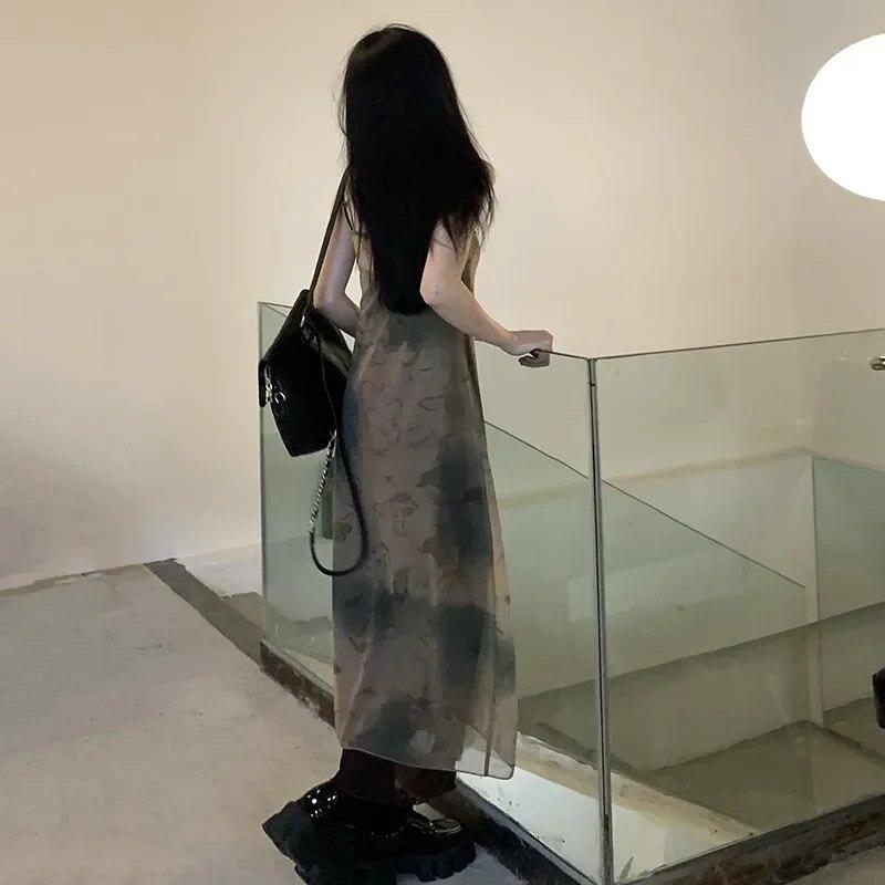 Vintage Tie Dye Print Mesh Dress Grunge Gothic Spaghetti Strap Midi Dress Korean Style Party Dress Fairycore Vestidos Summer New