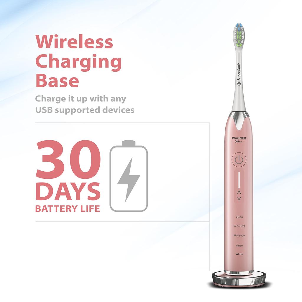 Wagner Stern Ultrasonic Whitening Toothbrush with Pressure 5 Brushing Modes and 4 Intensity 8 Soft and Travel Sensor, Levels, Bristles, Case.