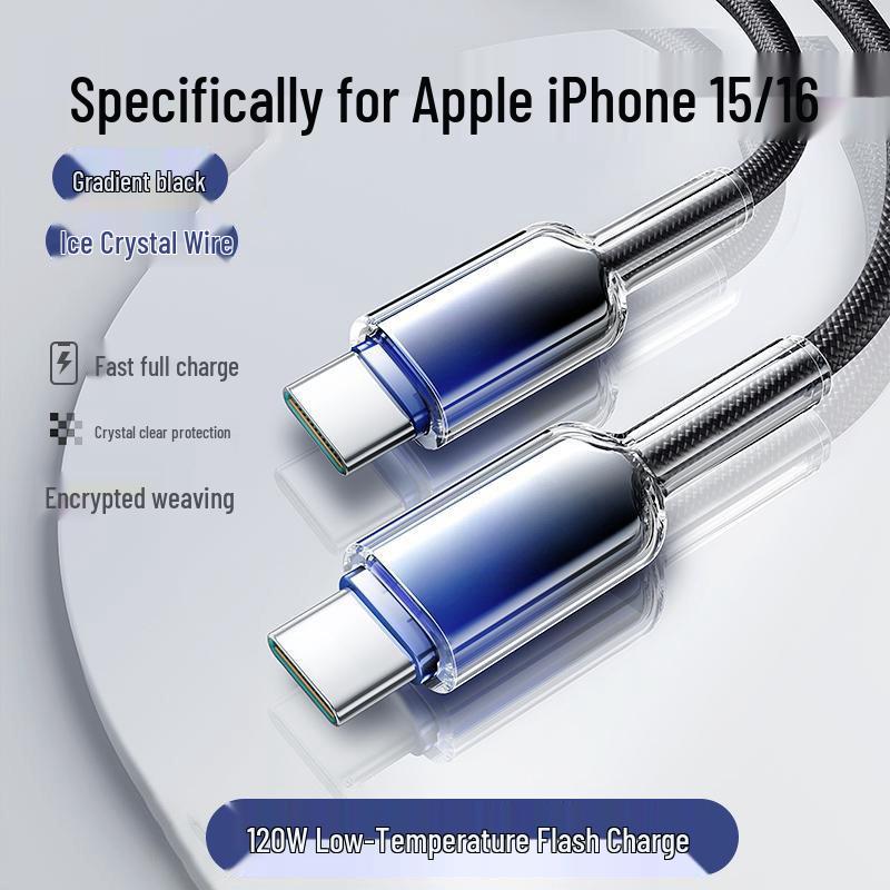 120W Crystal Clear Type-C Fast Charging Cable for Apple 16/15, Laptops, and Cars Dual Type-C [Crystal Clear Black] 120W Fast Charge 25 см
