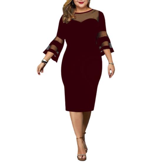 Women Dress Flare Sleeve Plus Size Autumn Winter Pure Color Slim Midi Dress for Wedding