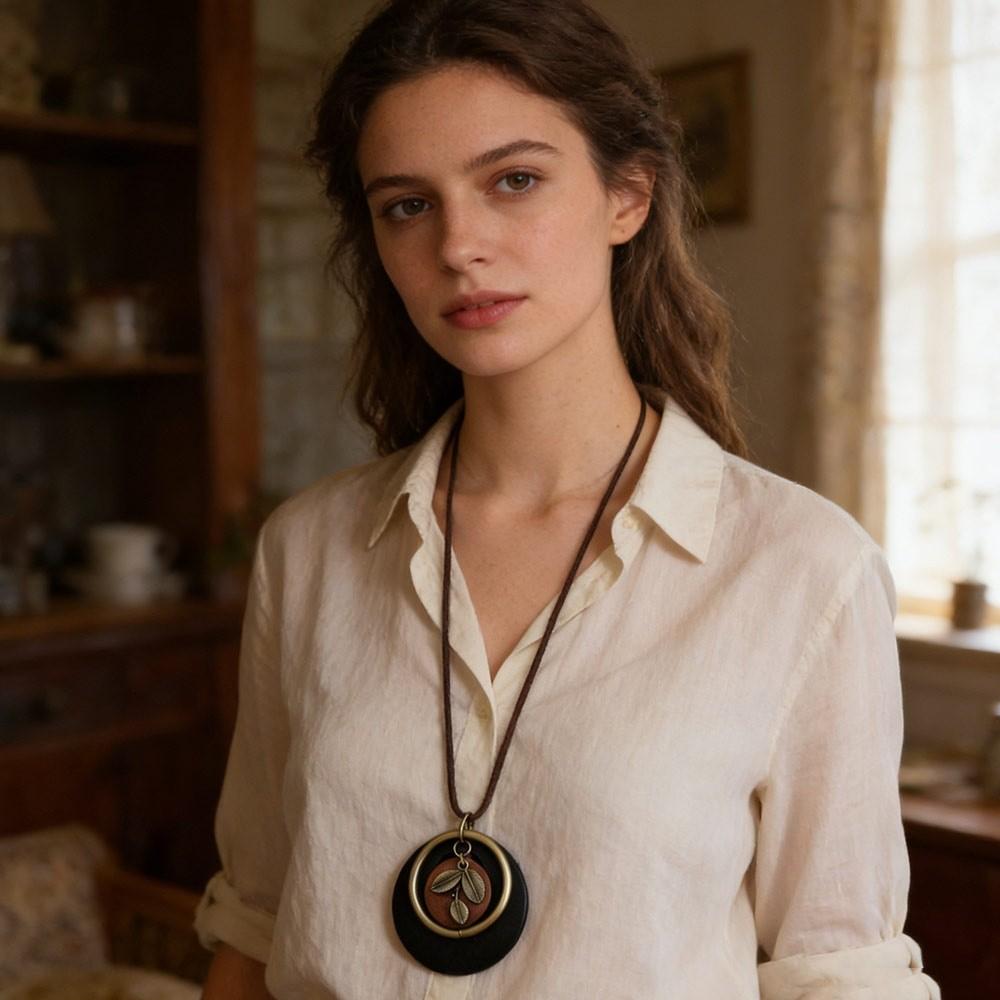 Boho Sweater Chain Leather Chain Sweater Necklace Vintage Wooden Pendant Necklace for Women Men