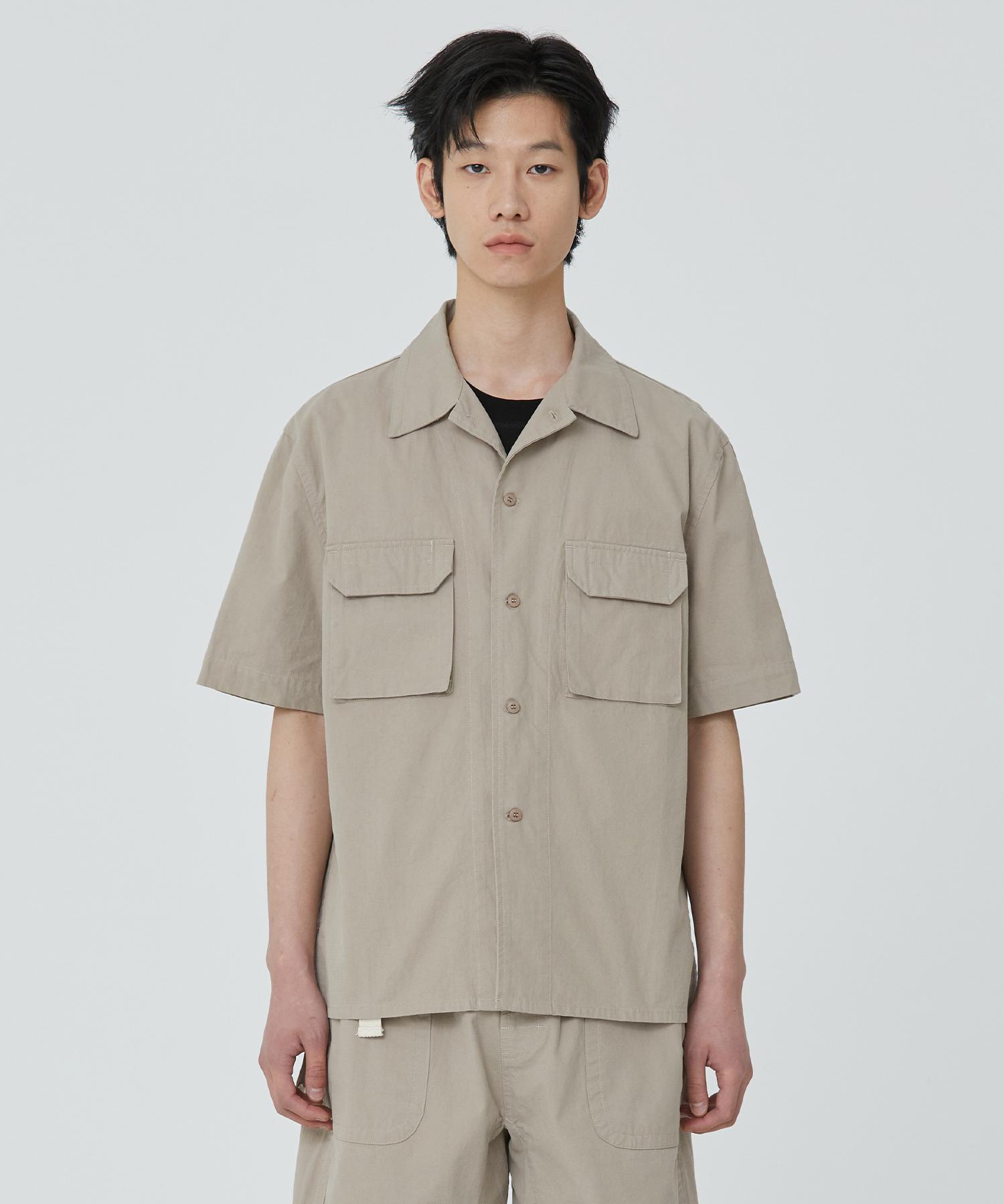 Public Figure Patch Pocket Cotton Herringbone Shirt_Beige 3