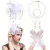 Vintage Bridal Hair Accessories Set Kentucky Derby Feather Headband Gloves Necklace Floral Bow Mesh Wedding