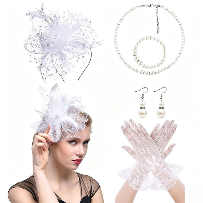 Vintage Bridal Hair Accessories Set Kentucky Derby Feather Headband Gloves Necklace Floral Bow Mesh Wedding