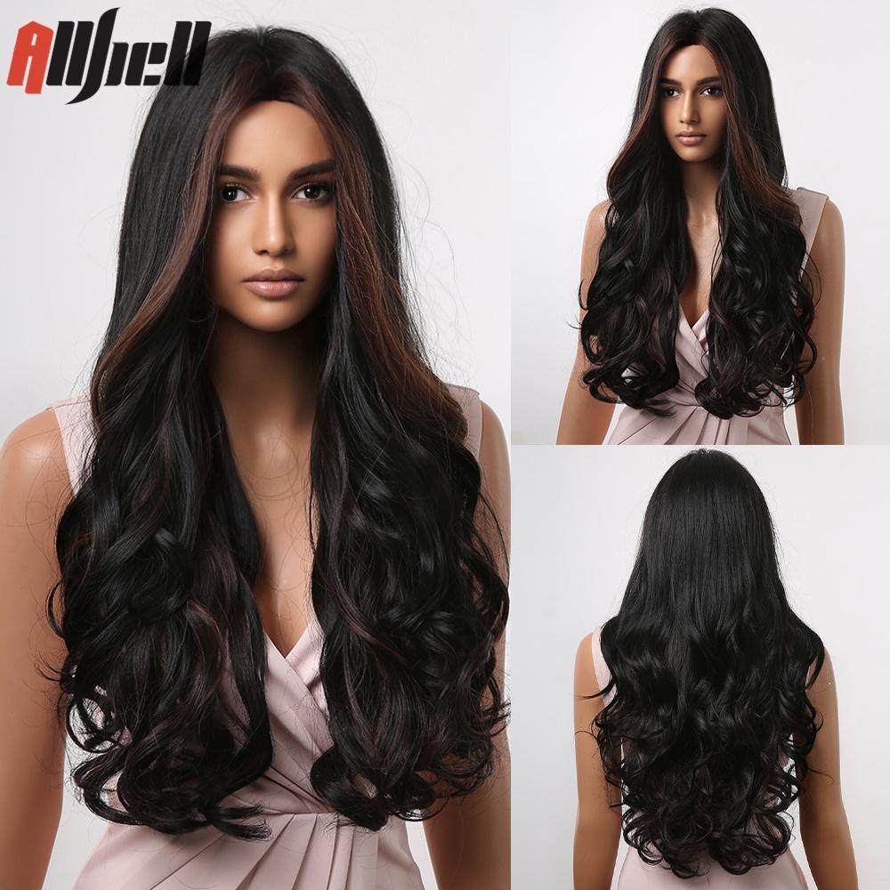 Long Wave Synthetic Wigs With Black Bangs Body Wavy Natural Black Hair Wig Heat Resistant for Women Daily Halloween Cosplay Use
