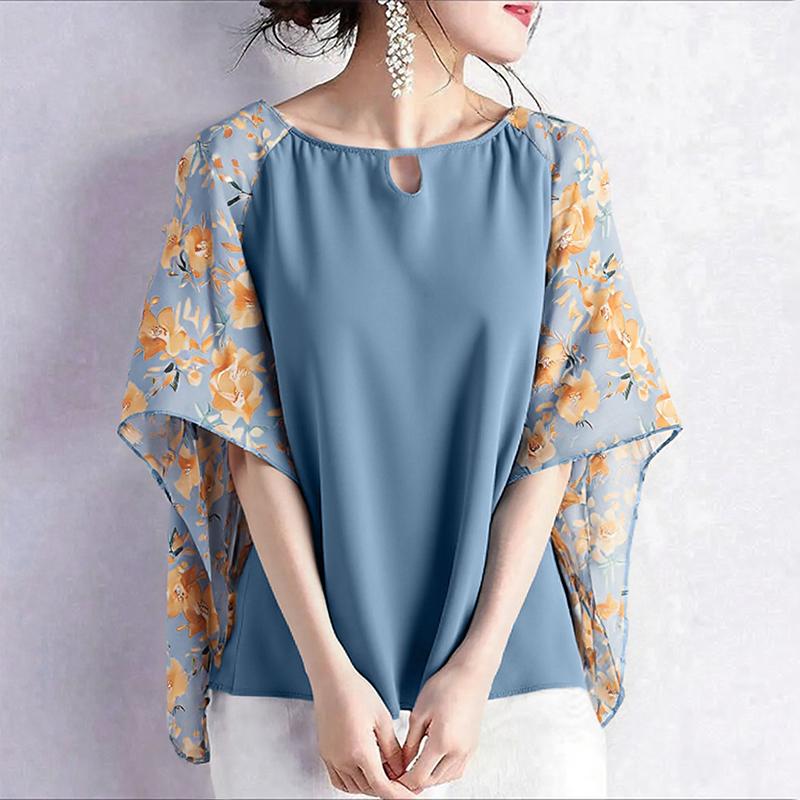 

ZANZEA Women Casual Floral Print Splice 3/4 Sleeve Loose Blouse S синий
