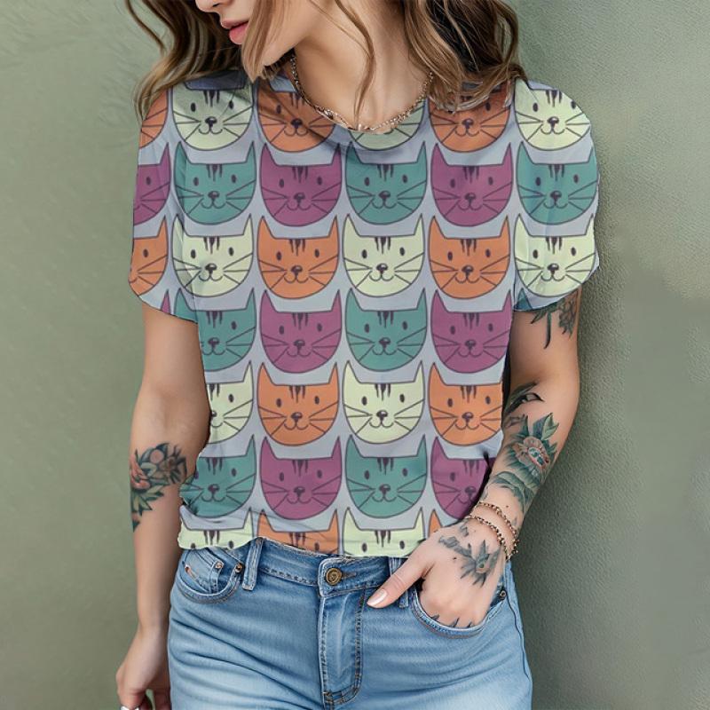 2024 New Fashion Women's T Shirt Cute Cat Printed Short Sleeve Round Neck Fun Pattern T Shirt Summer Home Casual Women's Tops