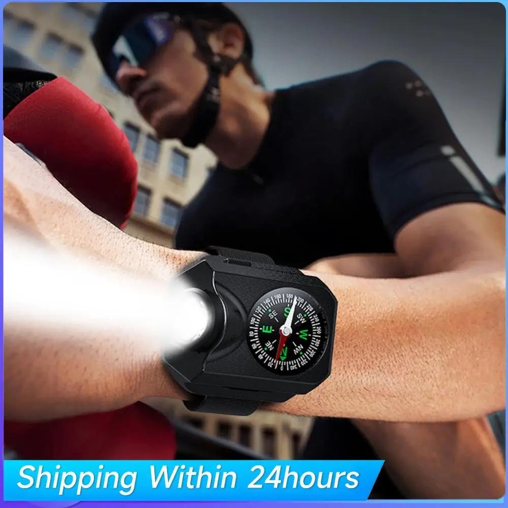 LED Portable Watch Light Flashlight Torch Wrist Light USB Rechargeable Emergency Light Outdoor 4 Modes For Sport With Compass