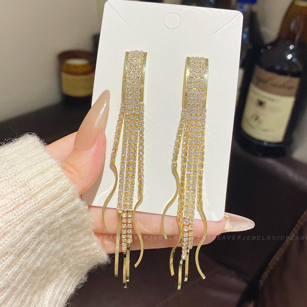 925 Sterling Silver Full Diamond Tassel Earrings – High-End European & American Style, Super Shiny, Luxurious Ear Jewelry for Women.