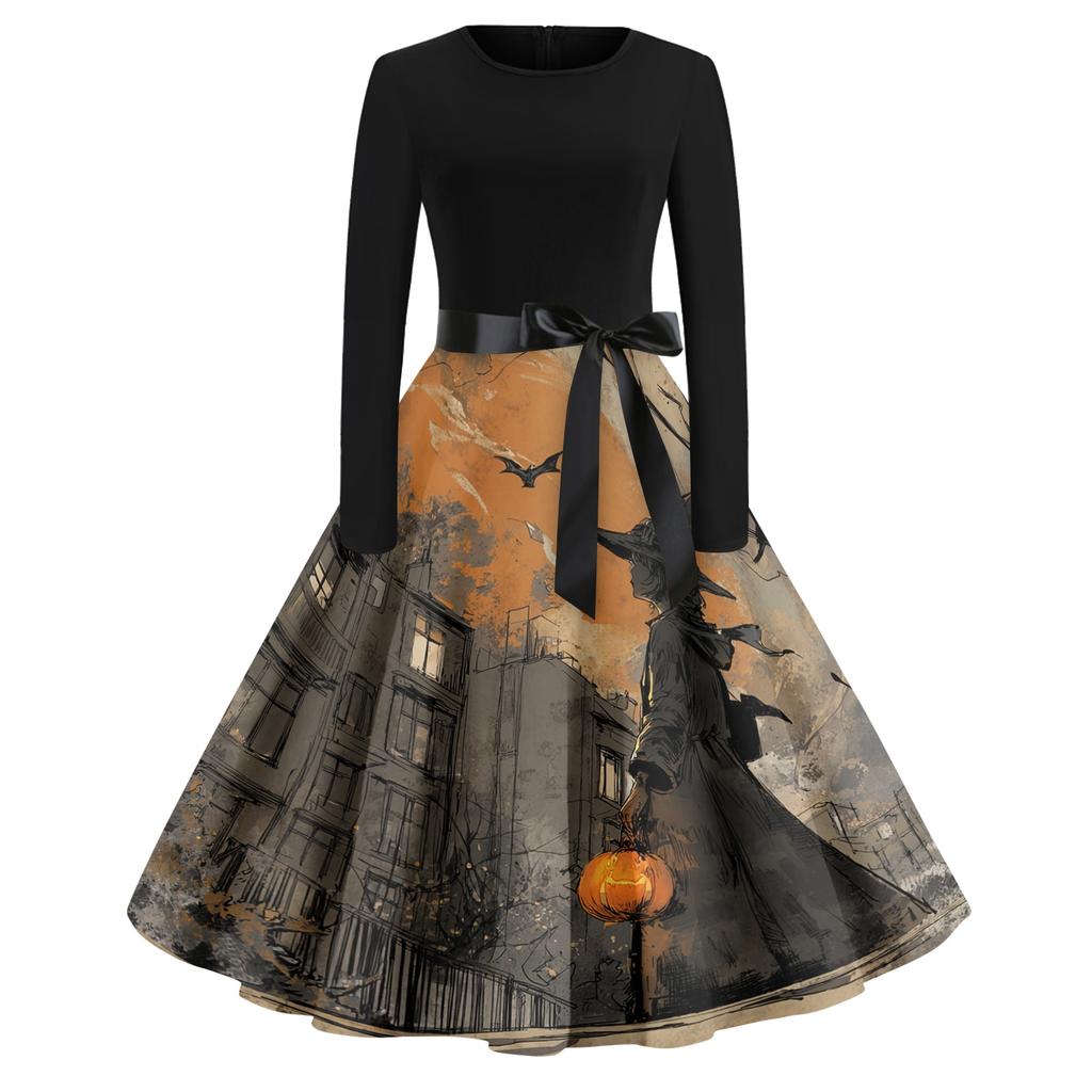 Women's Casual Fashion Round Neck Halloween Printed Vintage Dress