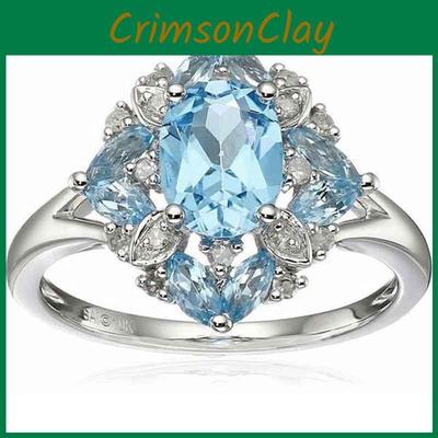 Elegant Silver Plated Oval Cut Ring With Natural Blue Sapphire And Rhinestone Accents